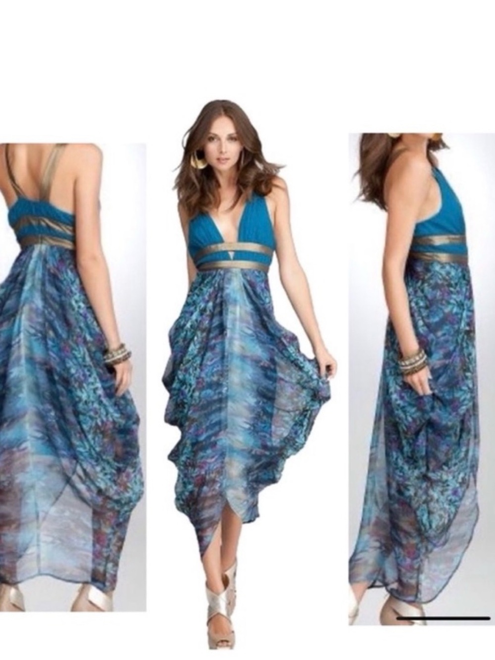 bebe Teal and Blue Floral Asymmetrical Silk Maxi Dress